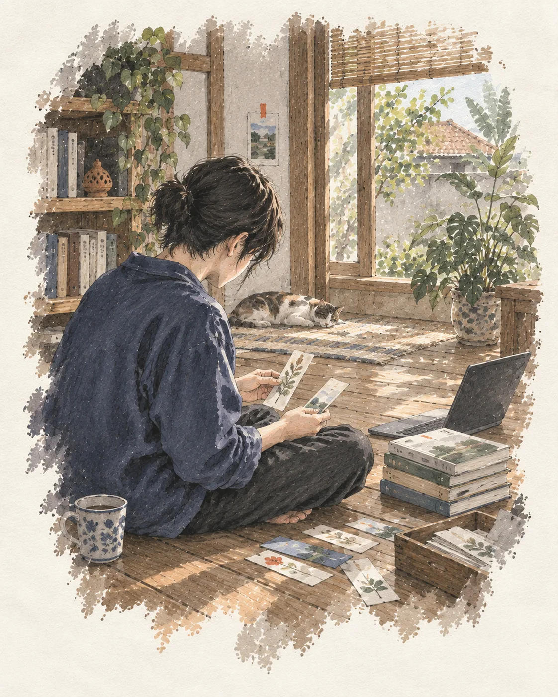 Watercolor illustration of a reader beside books and a window