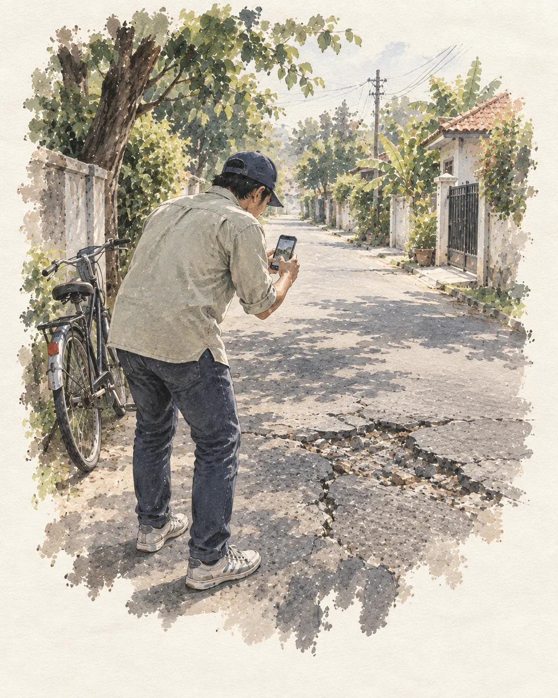 Viralkan – Community Road Damage Reporting Platform conceptual watercolor illustration