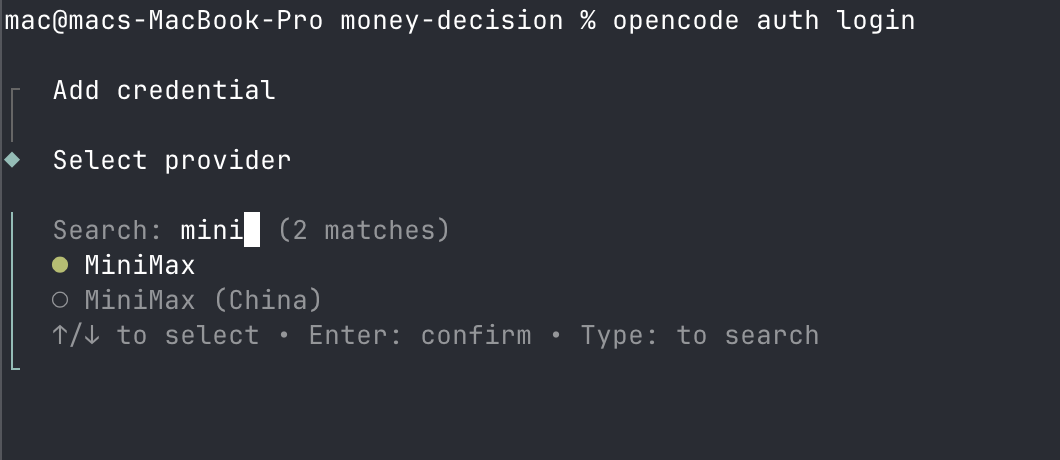 OpenCode auth login - Select MiniMax